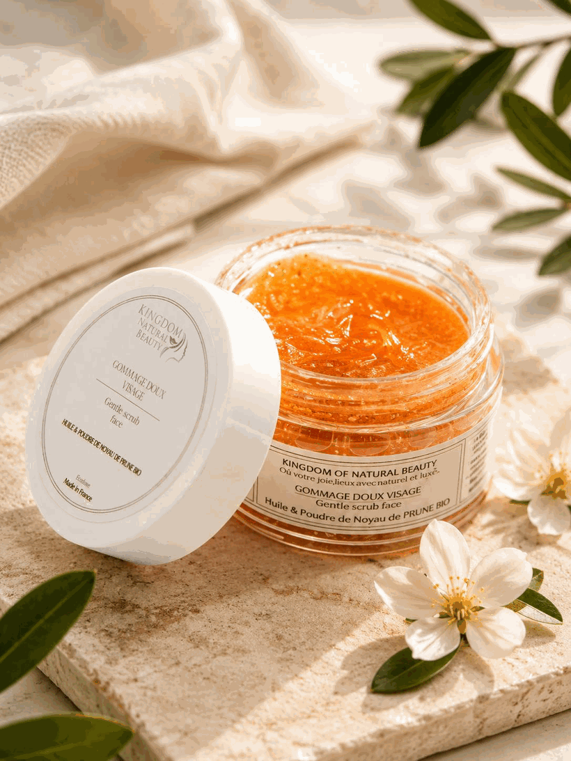 Gommage Doux Visage — pot ouvert, fleurs de jasmin et branche d’olivier