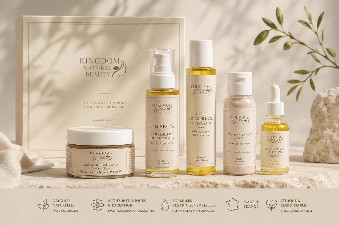 Rituel Éclat Botanique — L'Atelier complet, cinq pièces.